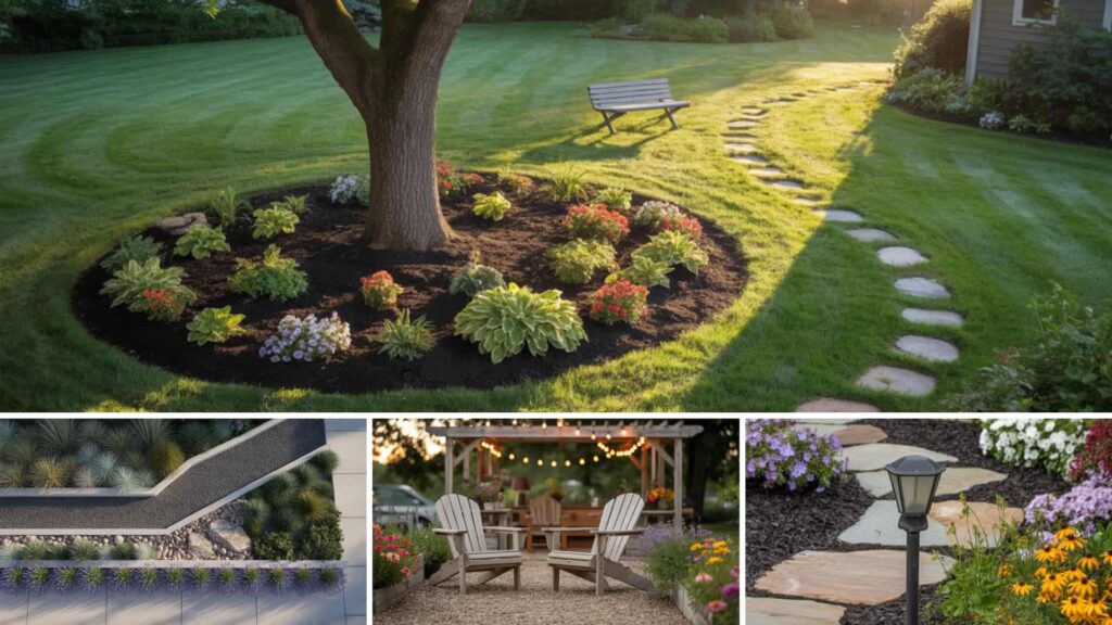 A collage of four landscaping ideas: a tree garden with a stone path, a modern tiered retaining wall, a patio, and a flower bed.