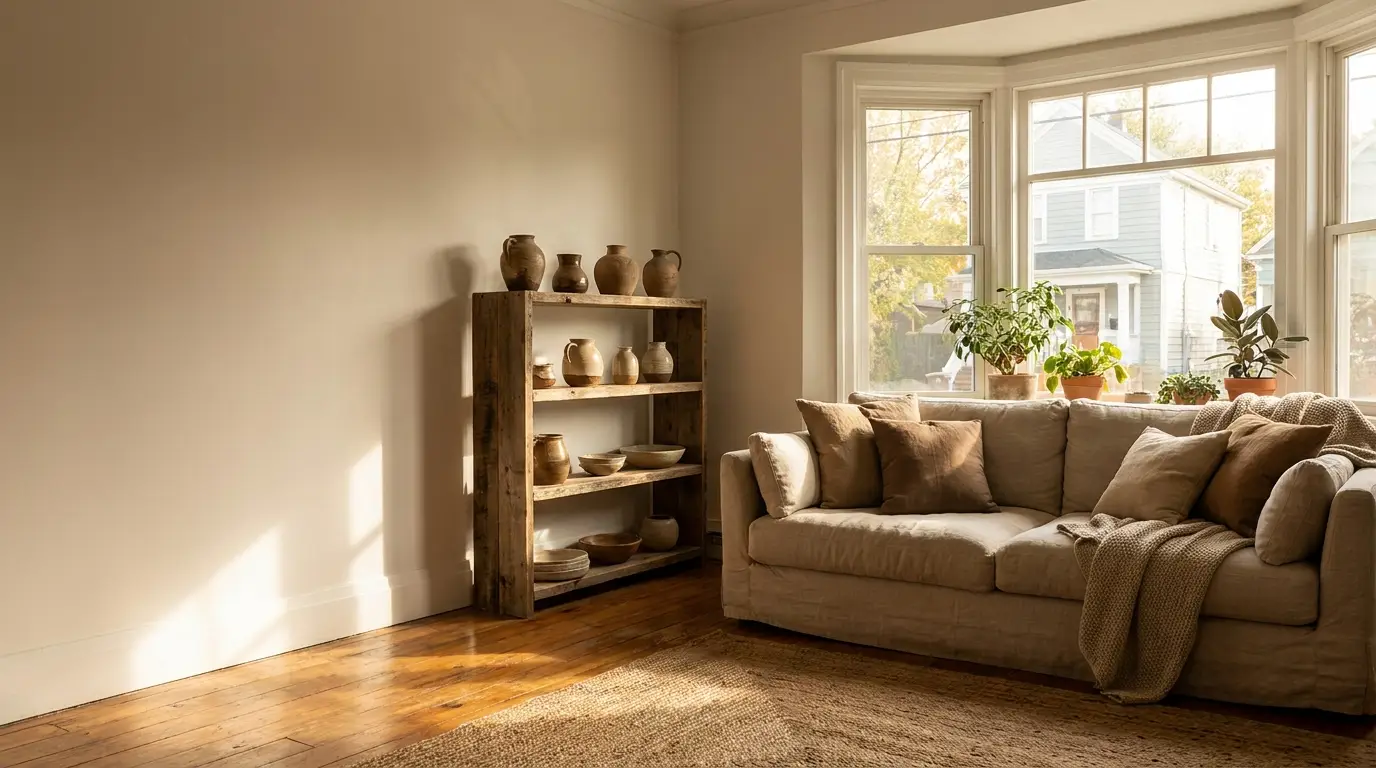 Cozy living room with beige sofa, wooden shelf of pottery, and plants by large window