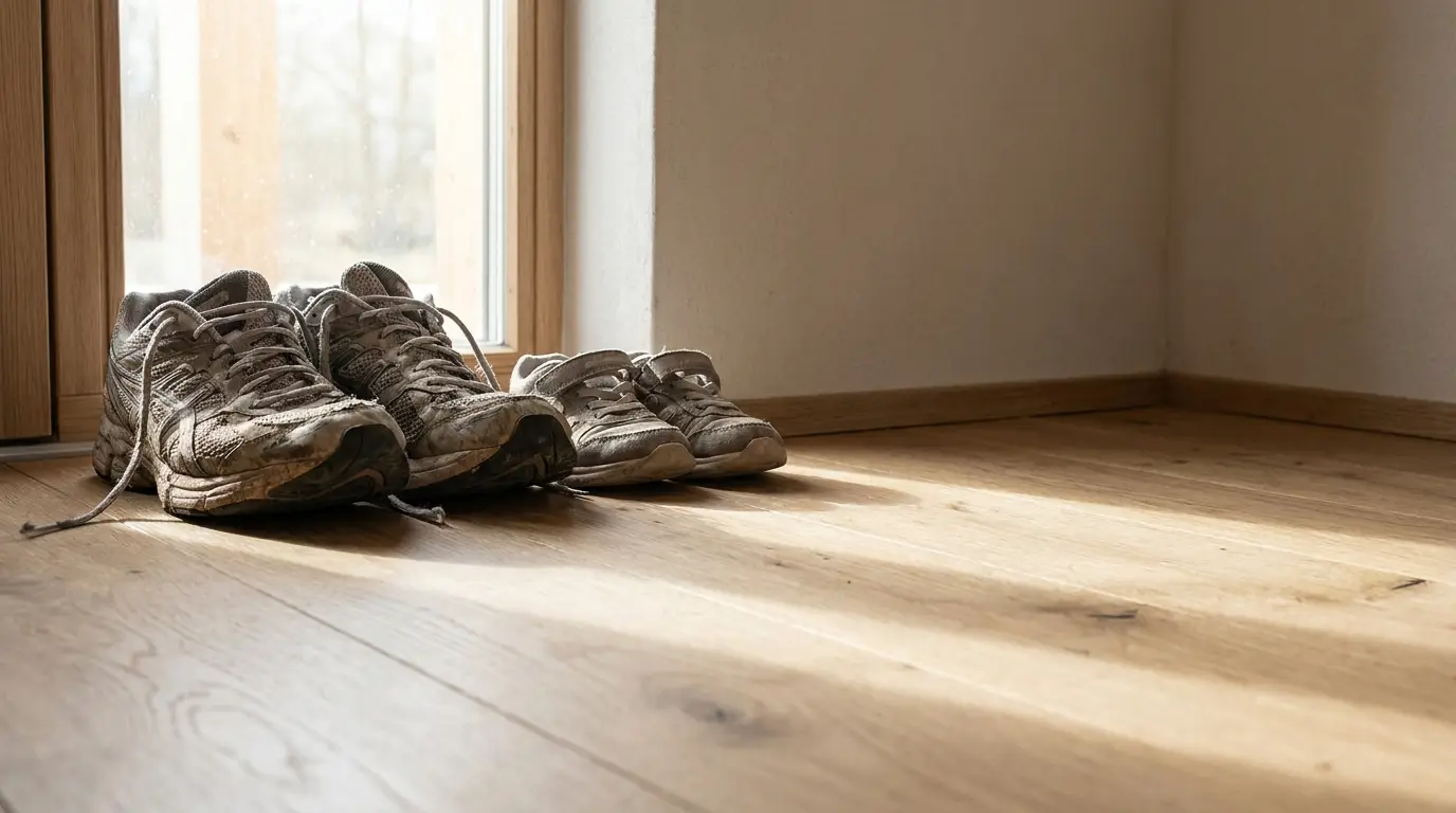 Two pairs of dirty sneakers near sunlit window on wooden floor