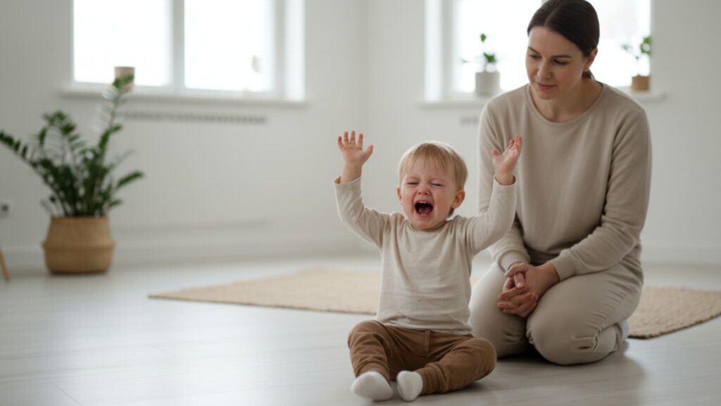 Toddler throwing a tantrum with raised arms while a caregiver sits nearby offering calm support
