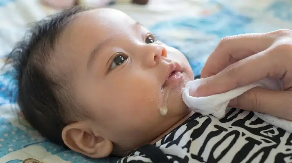 Close-up of a baby lying down while an adult gently wipes spit-up from the baby’s mouth with a cloth