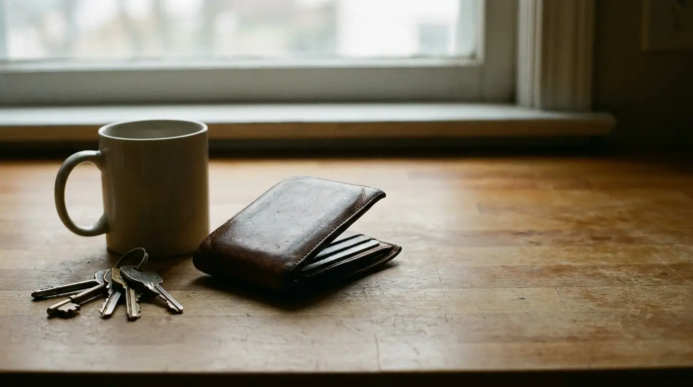 White mug, leather wallet, and metal keys on wooden table by bright window