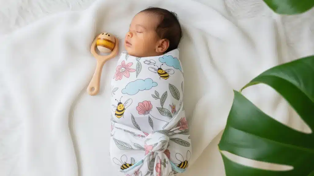 A sleeping baby swaddled in a patterned blanket, lying on a soft surface beside a wooden rattle.
