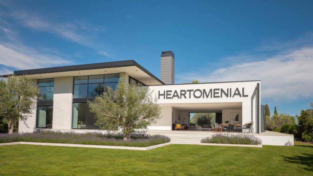 A modern home with large glass windows and a neatly landscaped front yard, featuring the word "HEARTOMENIAL" prominently displayed on the exterior wall.