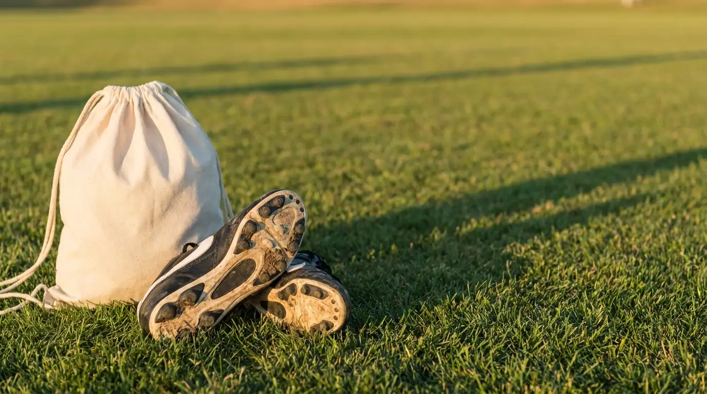 Sports cleats and drawstring bag on grassy field under warm sunlight