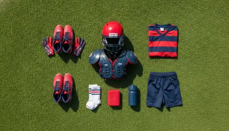 Football gear including helmet, cleats, and striped jersey arranged on green turf