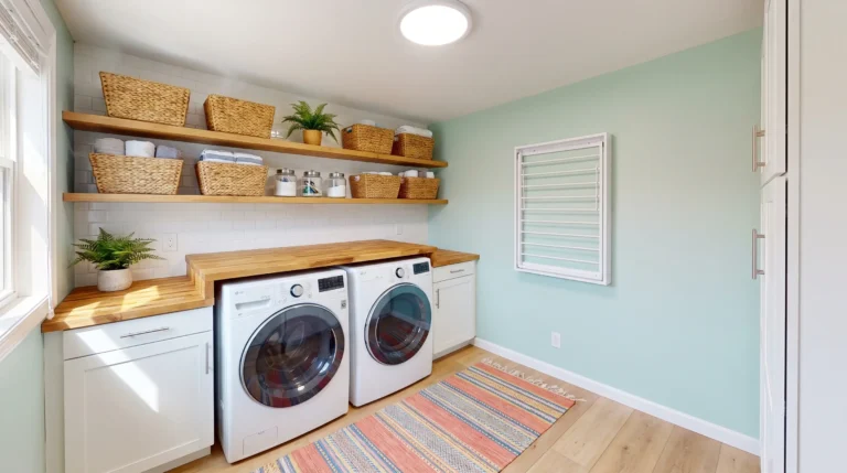 Laundry room with white washer and dryer, wooden shelves, and wicker baskets under soft lighting