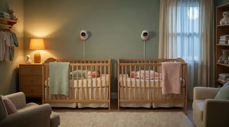 Two babies sleeping in adjacent wooden cribs, warm nursery lighting, and soft toys nearby