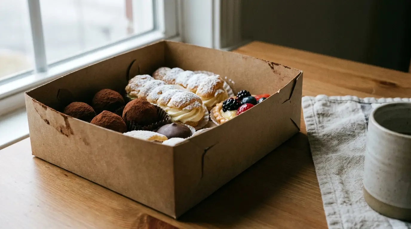 Pastry assortment in cardboard box on wooden table near window with ceramic mug