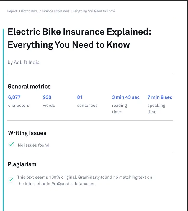 Blog metrics and writing issues analysis with no plagiarism detected on a clear interface