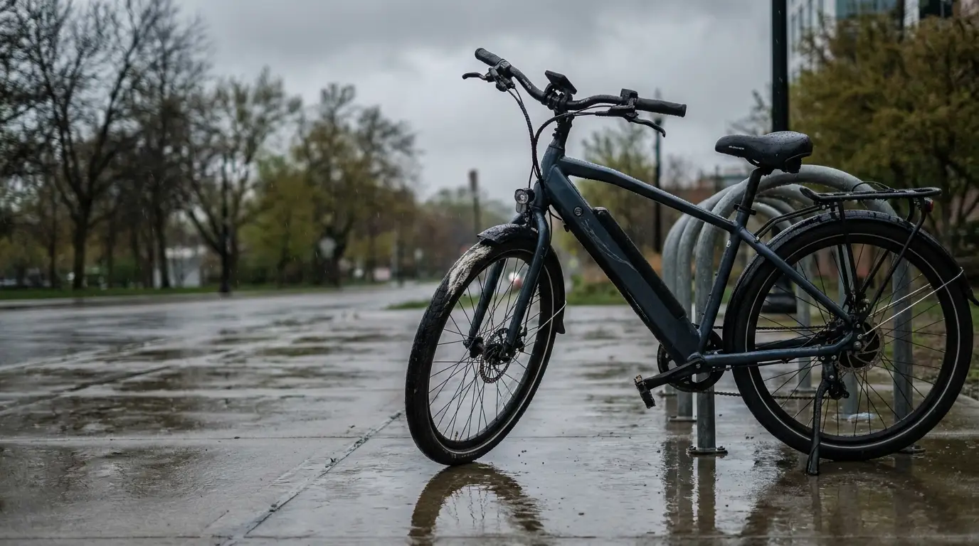 Black electric bicycle parked on wet pavement near bike rack under overcast sky