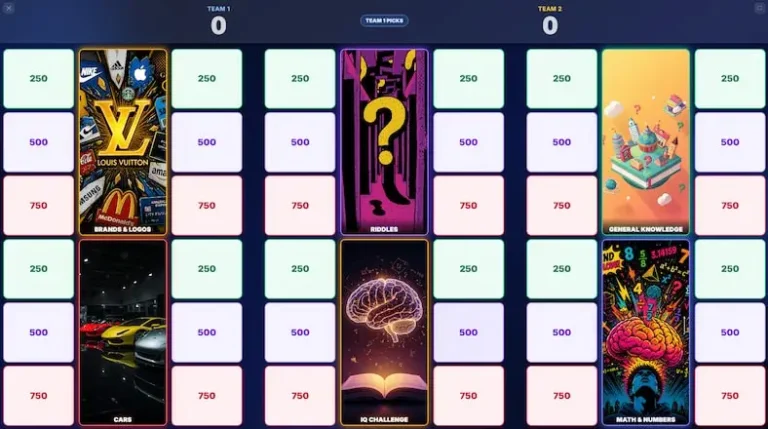 Game show board with colorful categories and point values in brightly lit digital setting