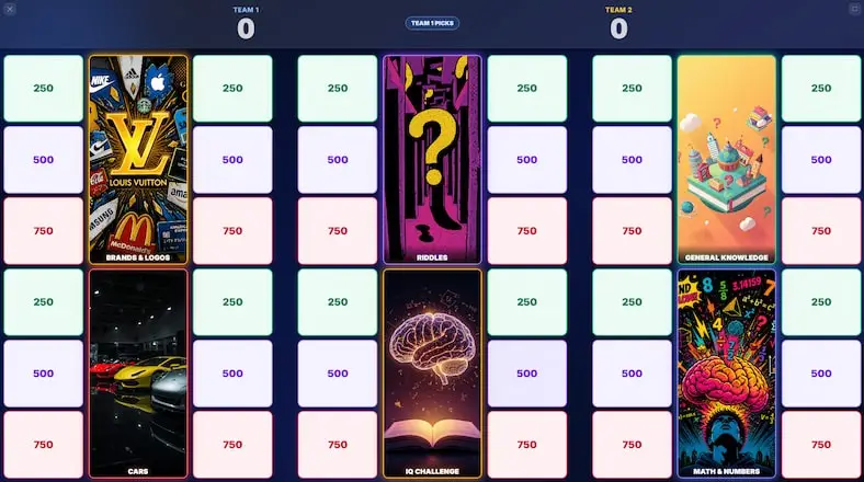 Game show board with colorful categories and point values in brightly lit digital setting