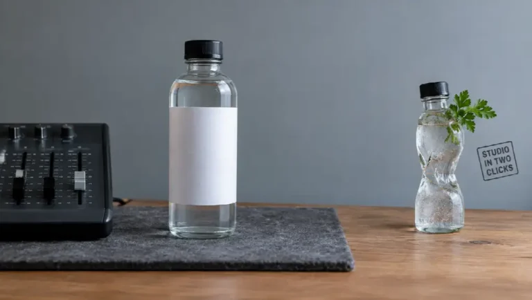 Clear bottle with blank label next to a mixing console on a wooden table