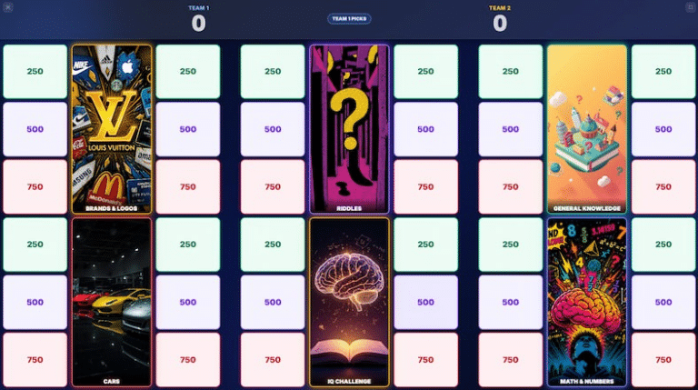 Game board with colorful categories and point values, featuring puzzles, logos, and math themes