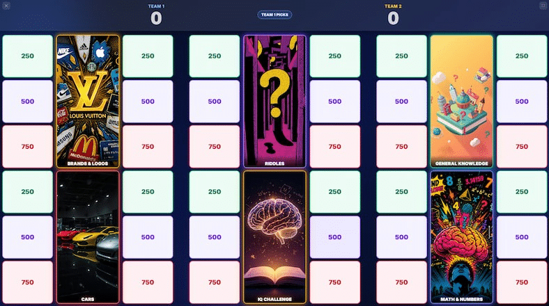 Game board with colorful categories and point values, featuring puzzles, logos, and math themes
