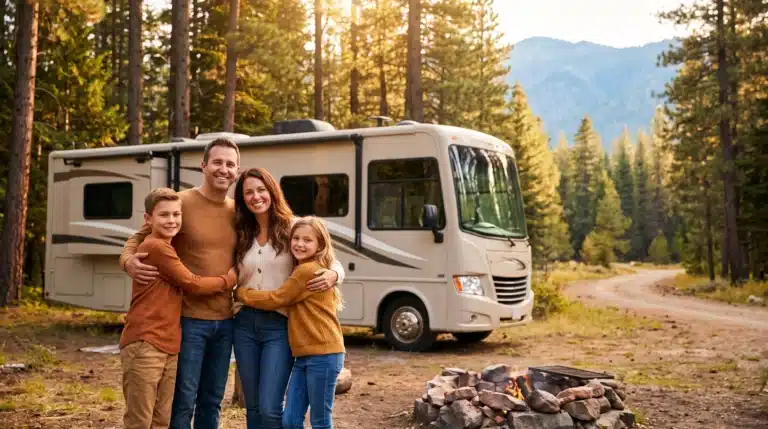 Family embracing in front of RV in forest with campfire and mountain backdrop