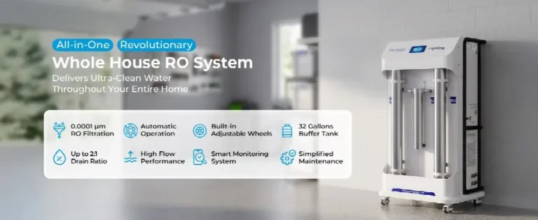 Whole house RO system unit in a bright industrial room with white walls