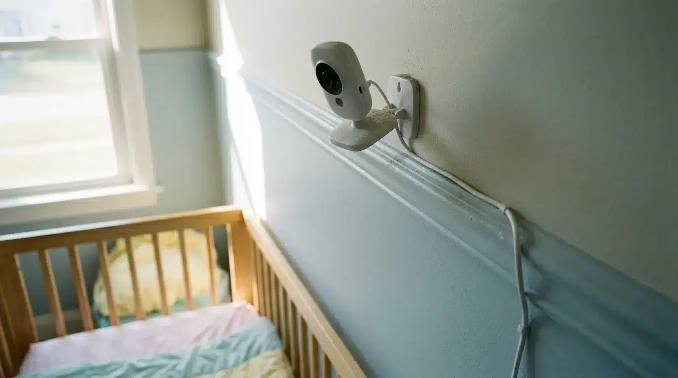 Baby monitor camera mounted on wall beside wooden crib in sunlit nursery