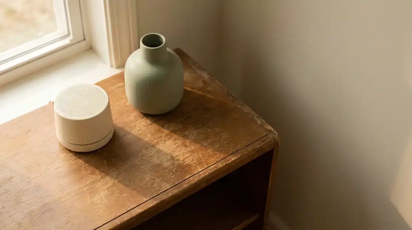 Beige speaker and gray vase on wooden shelf next to bright window