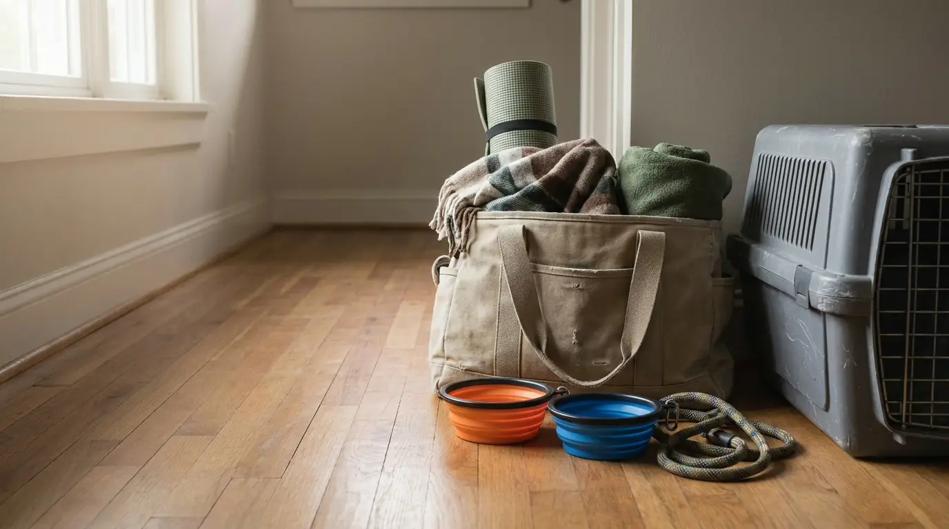 Canvas bag with dog travel essentials on wooden floor next to pet crate