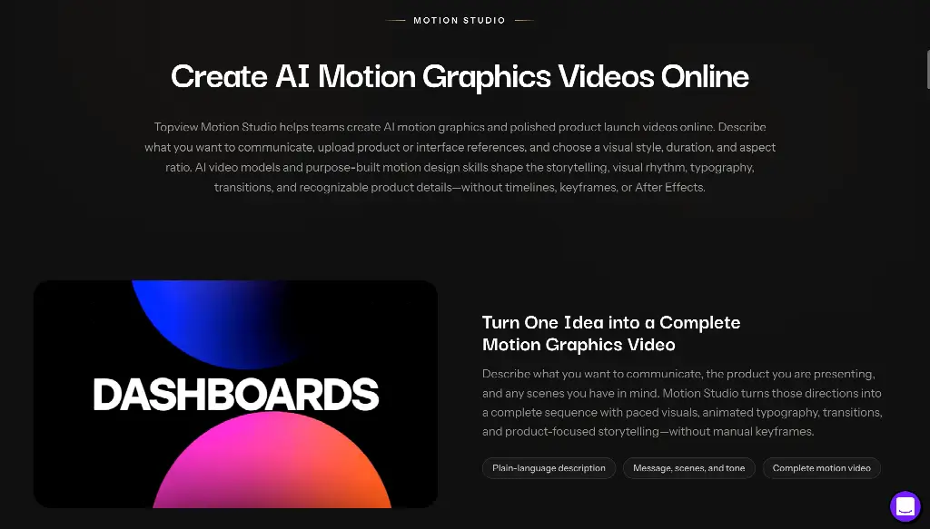 Black webpage with bold white text promoting AI motion graphics video creation services