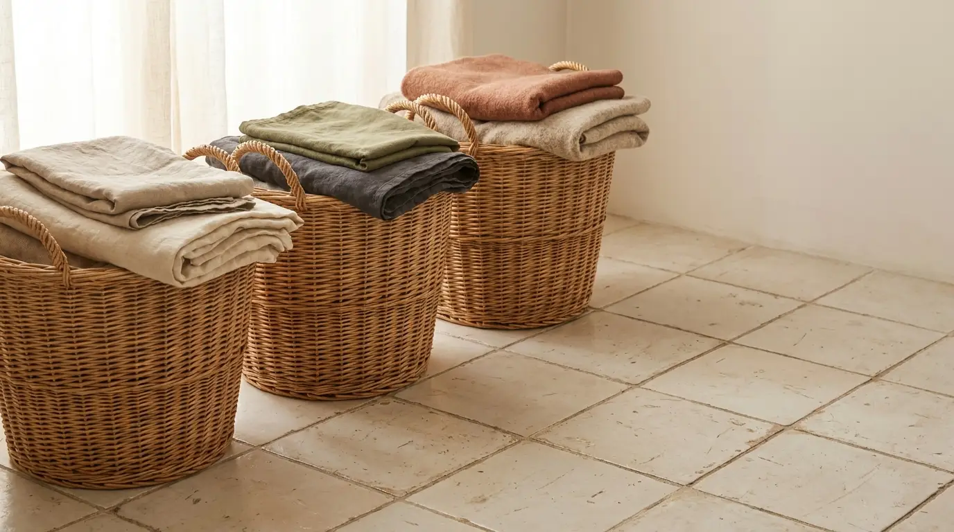 Wicker baskets with folded linens in neutral tones on tiled floor in natural light