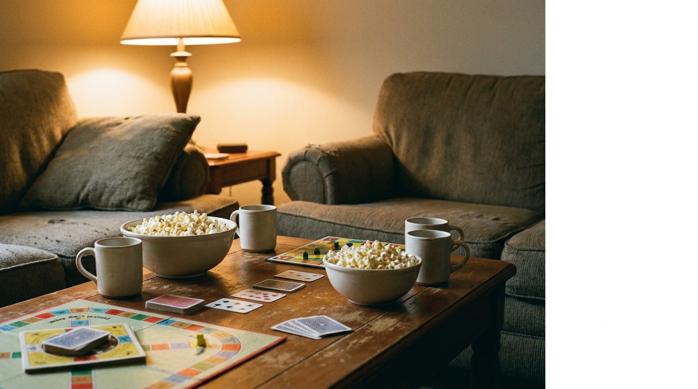 Board game with popcorn and mugs on wooden coffee table in cozy living room setting