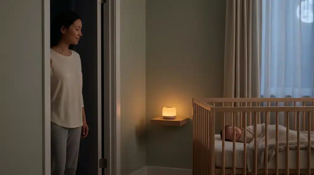 Woman standing in doorframe watching sleeping baby in crib under soft lamp light in nursery