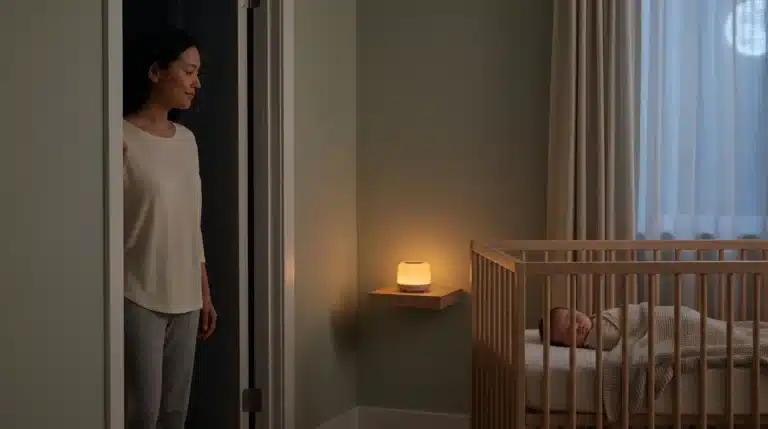 Woman standing in doorframe watching sleeping baby in crib under soft lamp light in nursery