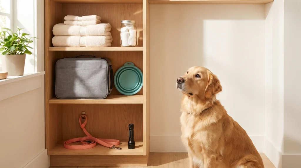 Golden retriever sitting beside wooden shelves with towels, leash, and flashlight in sunlit room