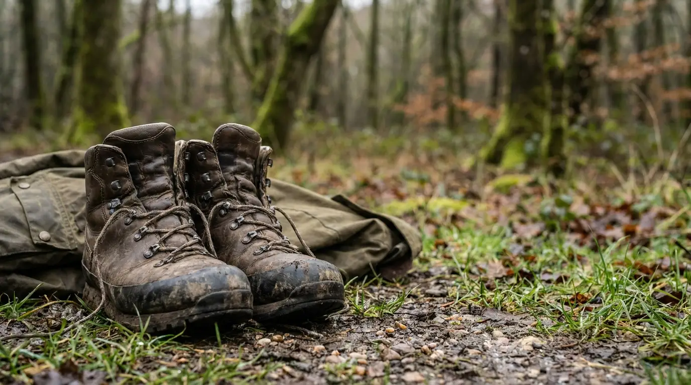 Worn hiking boots and jacket on forest floor with mossy trees in background