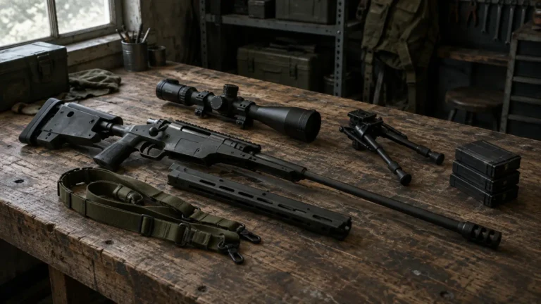 Rifle parts and accessories neatly arranged on rustic wooden workbench in dimly lit workshop