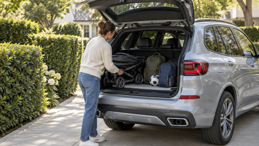 Woman loading stroller into SUV trunk with backpacks and soccer ball in driveway