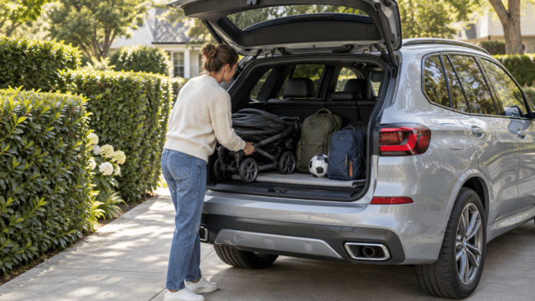 Woman loading stroller into SUV trunk with backpacks and soccer ball in driveway