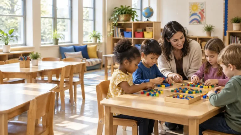 Children and teacher playing with colorful blocks at wooden table in brightly lit classroom