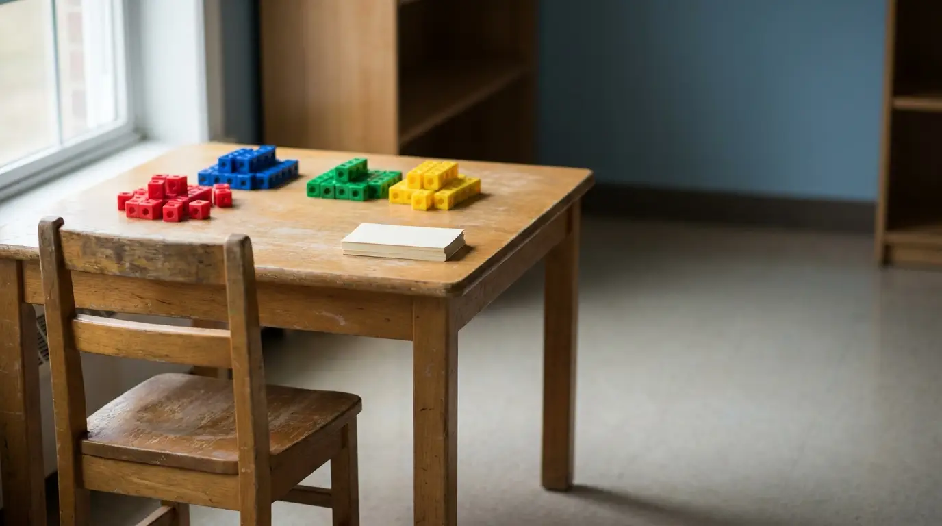 Wooden table with colorful toy blocks and chair in a bright classroom setting