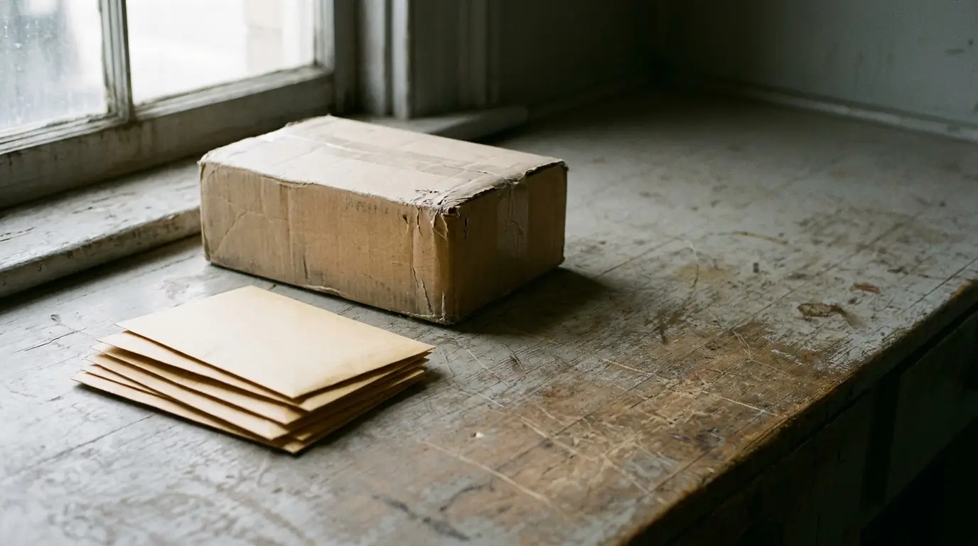 Plain unmarked envelopes and a scuffed cardboard parcel on a worn wooden mail sorting counter
