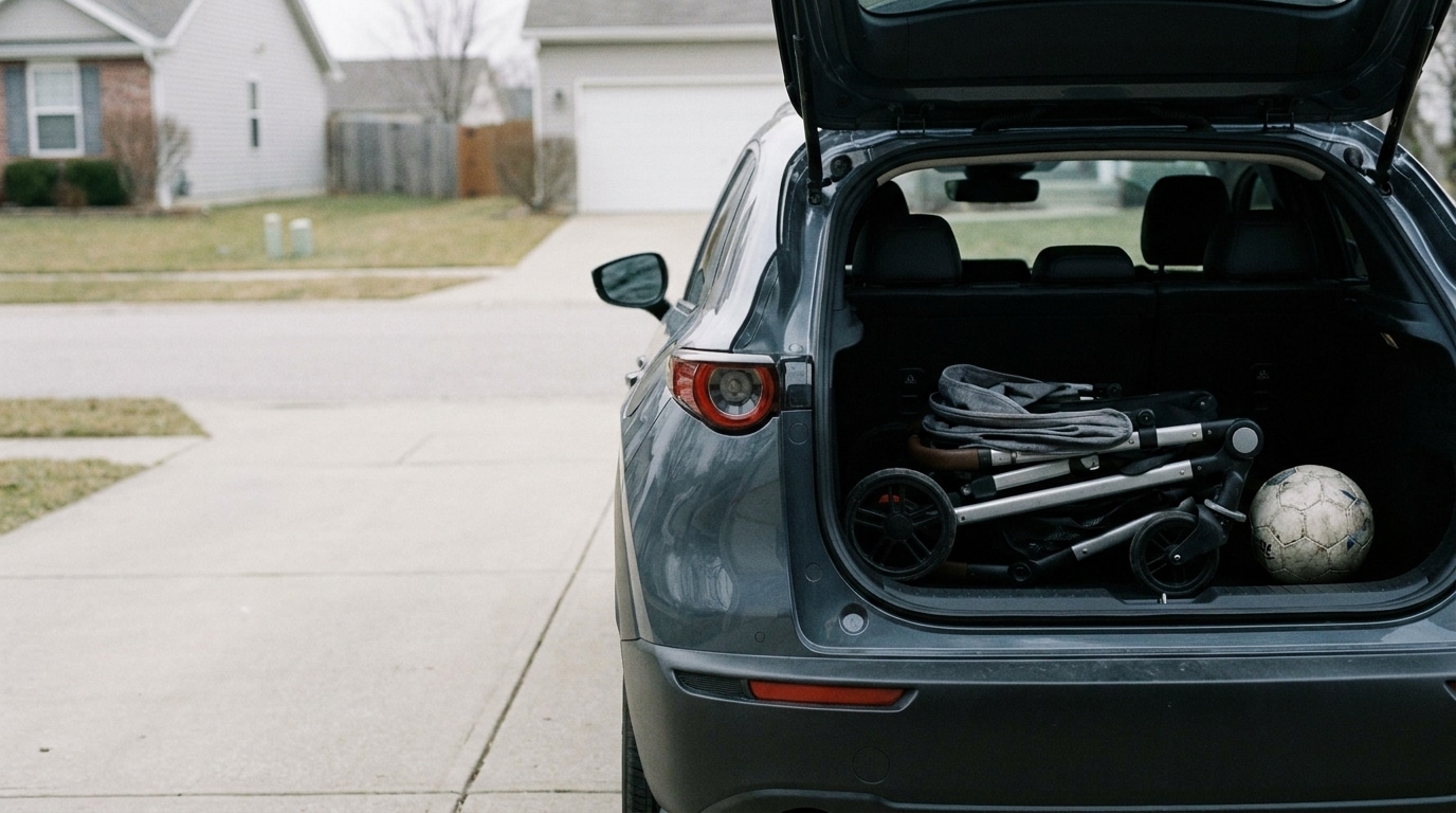 Car trunk with folded stroller and soccer ball in suburban driveway